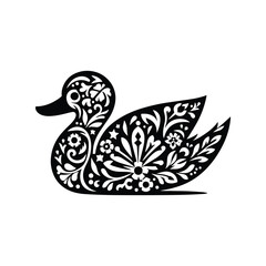 Duck bird in folk art black and white silhouette illustration