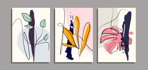 Minimalist Mid Century Wall Art Background With Monstera Leaves And Continuous Line. Set for Wall Art Decoration, Brochure, Cover Design, Postcard, Banner, Social Media Background. Vector Illustration