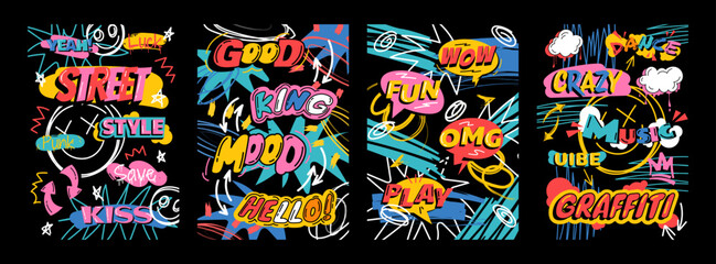 Streetwear poster. Merch art. Tee street sketch. T-shirt print. Graffiti mural drawing. Graphic typography. Marker doodles. Expression phrases. Abstract fashion design. Vector garish templates set
