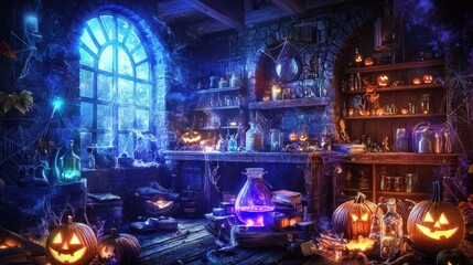 Obraz premium Create a Halloween witch's potion room filled with eerie decor items and glowing ingredients 50 keywords