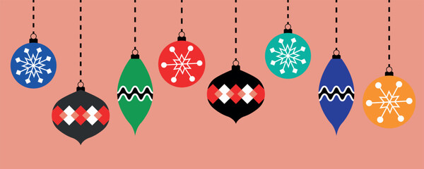 Tradtional Christmas banner with hanging baubles. Xmas ornament. Vector illustration isolated on pink background.
