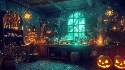 Create a Halloween witch's potion room filled with eerie decor items and glowing ingredients 