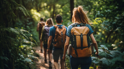 Fototapeta premium Exploring nature's serenity with friends on a forest hiking trail in the afternoon light