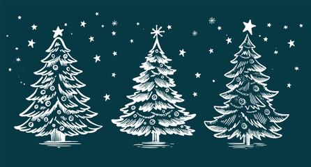 Christmas tree on blue background with snow hand drawn illustration	
