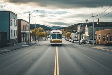 Obraz premium School bus on empty street in quaint town with mountains in back