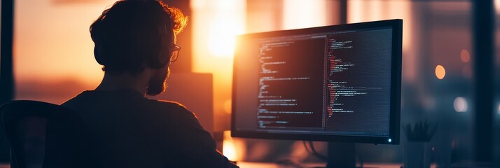 Software developer writing code in a home office during night with a cozy, tech-focused ambiance. Focus on coding and digital technology.