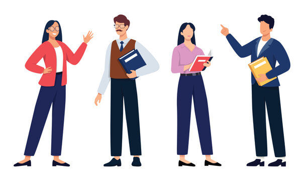 Teacher collection concept. Male and female characters explain classes isolated on white background. Vector illustration.