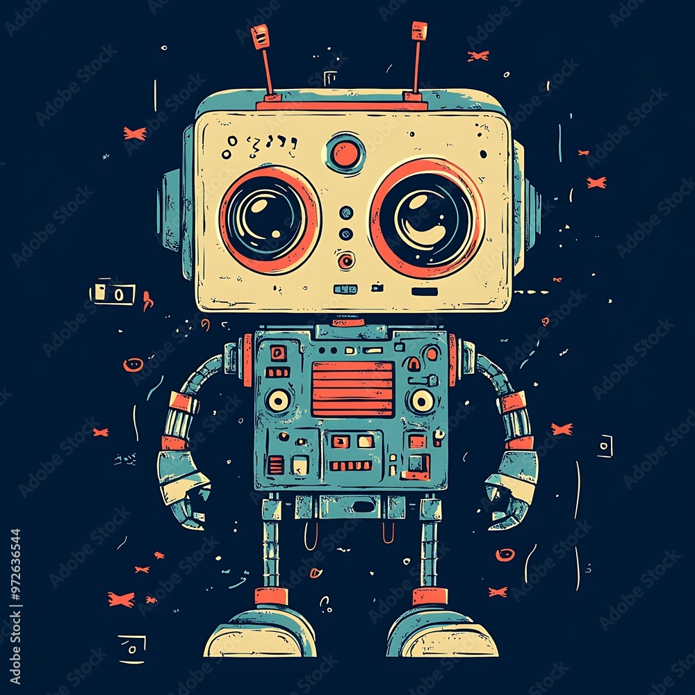 Poster Cartoon Illustration of a Retro Robot with Big Eyes and Buttons