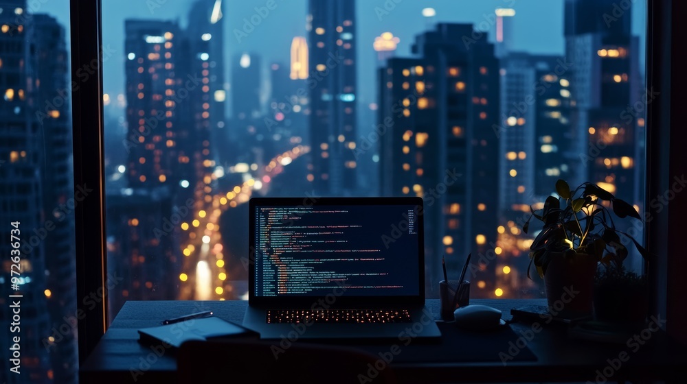 Poster Glowing server racks in a data center with blurred digital lights, symbolizing data storage and IT infrastructure.
