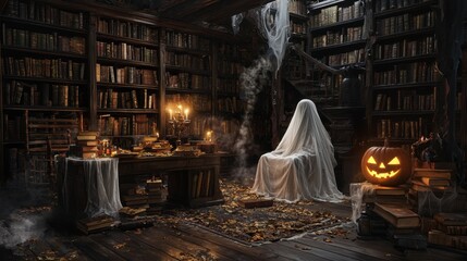 Obraz premium Design a haunted Halloween library filled with ancient books cobwebs and ghostly apparitions 50 keywords