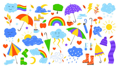 Fototapeta premium Rainy season. Weather sticker. Rain water drops. Monsoon and thunderstorm. Sky sun and rainbow. Flat umbrella under raindrops. Autumn boot in puddle. Cloud faces. Hat with scarf. Vector garish set