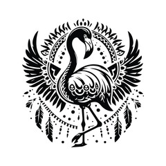 Obraz premium Flamingo bird in bohemian black and white silhouette illustration