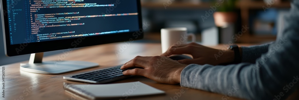 Leinwandbilder Hands typing on a keyboard with computer screen displaying code. Captures programming and digital coding workflow.