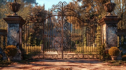 Textured wrought iron gate with intricate scrollwork and a dark patina, defining the entrance to a...