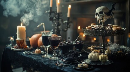 Design a Halloween themed cafe where drinks and snacks are served in gothic-style cups and plates 50 keywords