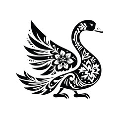 Naklejka premium Goose bird in folk art black and white silhouette illustration