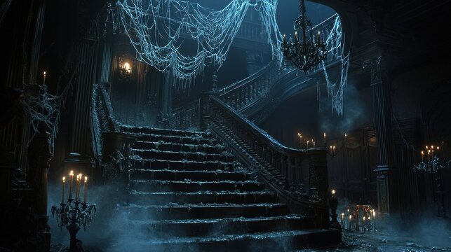 Design a haunted mansion scene with spiderwebbed staircases and floating candles for Halloween 50 keywords