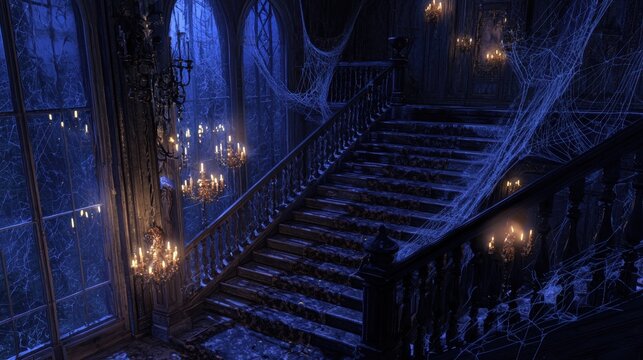 Design a haunted mansion scene with spiderwebbed staircases and floating candles for Halloween 