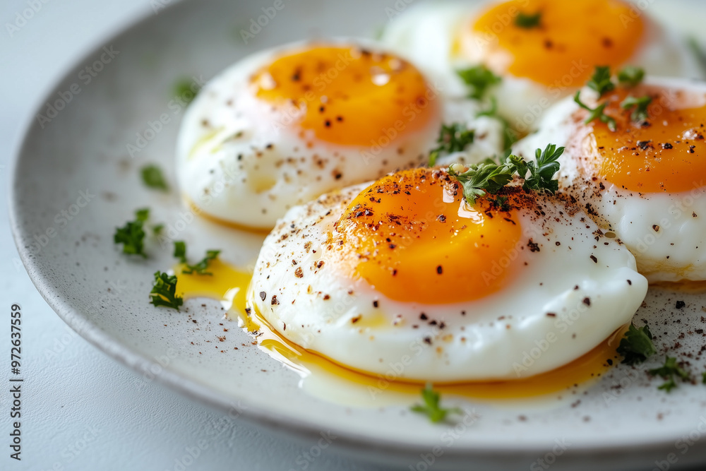 Wall mural Deliciously cooked eggs with vibrant yolks garnished with herbs on a pristine white background