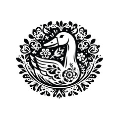 Obraz premium Goose bird in folk art black and white silhouette illustration