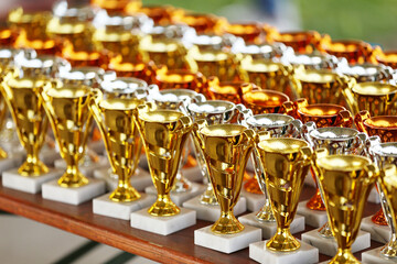 Award trophies waiting for competitors after amateur equestrian championship in row. Golden silver and bronze prizes for winners at an outdoors sport event