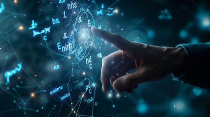 In a contemporary classroom, a teacher emphasizes a complex equation while digital representations of mathematical symbols and formulas illuminate the space