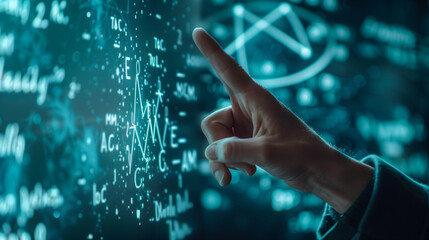 Teacher actively points to complex mathematical equations displayed on digital screen, engaging students in collaborative learning environment