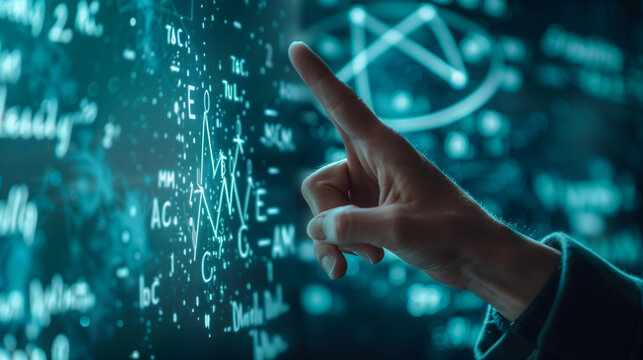 Teacher actively points to complex mathematical equations displayed on digital screen, engaging students in collaborative learning environment