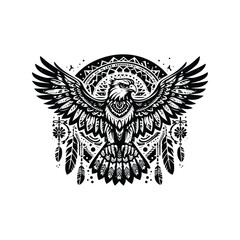 Obraz premium Hawk bird in bohemian black and white silhouette illustration