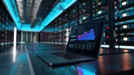 A sleek laptop displaying data analytics and graphs, positioned on a reflective surface in a futuristic server room