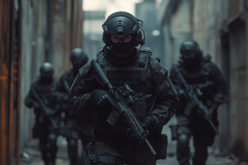 Tactical team in black gear navigates urban landscape during nighttime operation