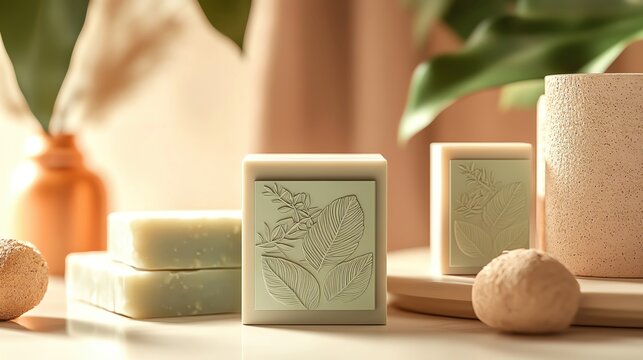 Elegant handmade soap display featuring natural ingredients and calming decor, perfect for wellness and beauty themes.