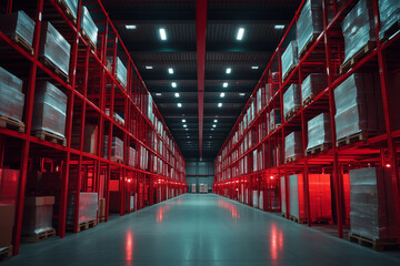 Fototapeta premium Exploring the vibrant inner workings of a bustling warehouse filled with organized red shelves