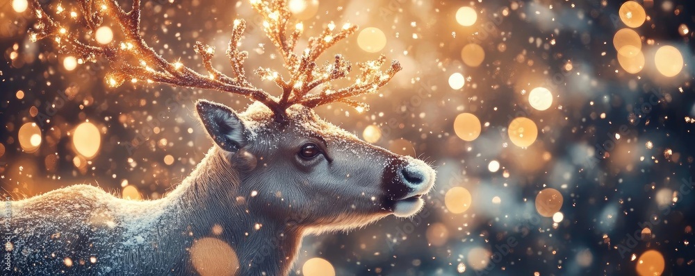 Poster a majestic reindeer in a snowy scene, surrounded by sparkling bokeh lights, capturing the magic of w