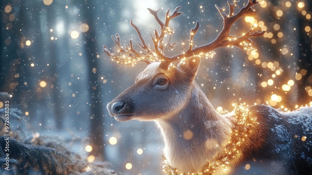 Poster a majestic deer adorned with glowing lights, surrounded by a snowy forest, creating a magical winter