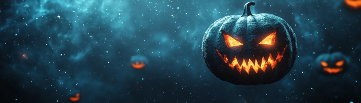 Spooky glowing pumpkins in eerie mist, perfect for Halloween decorations and backgrounds, creating a haunting atmosphere with carved faces.