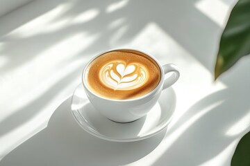 Cup of coffee with heart latte art in sunlight