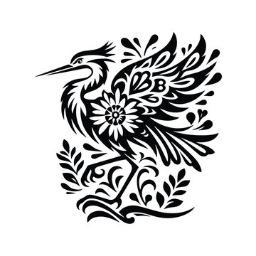 recommend clip art: Heron bird in folk art black and white silhouette illustration