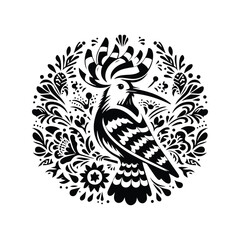 Hoopoe bird in folk art black and white silhouette illustration