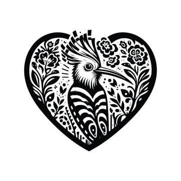 recommend clip art: Hoopoe bird in folk art black and white silhouette illustration