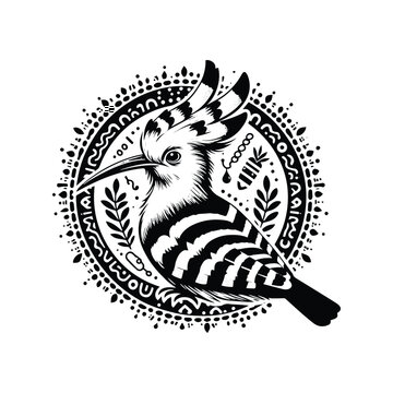recommend clip art: Hoopoe bird in bohemian black and white silhouette illustration