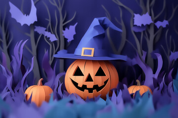 Beautiful paper craft background of Halloween festival with pumpkin and bats