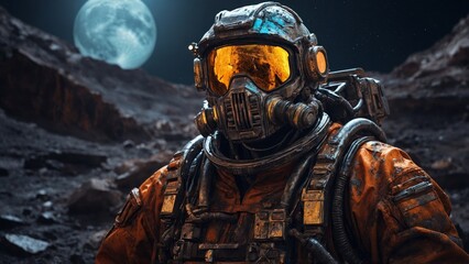 portrait of astronaut in helmet and suit with moon on background