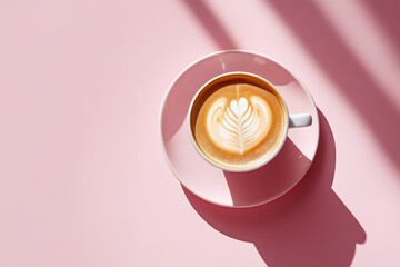 Cup of coffee with heart-shaped latte art on pink surface