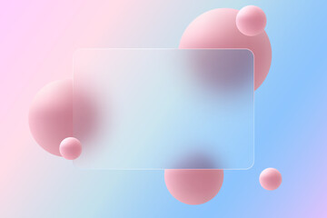 Glass morphism website page template. Frosted glass partition with floating spheres.