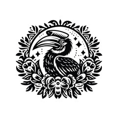 Obraz premium Hornbill bird in folk art black and white silhouette illustration