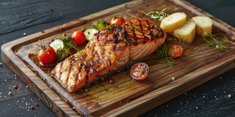 Fototapeta premium Fish Steak with Vegetables on a Cutting Board