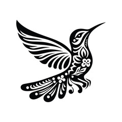 Obraz premium Hummingbird bird in folk art black and white silhouette illustration