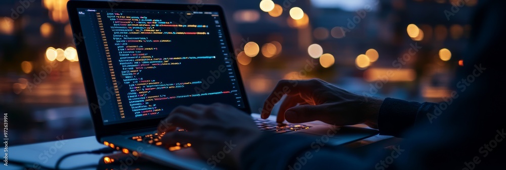 Poster Hands typing on a laptop in a dimly lit room with coding on screen. Ambient lights create a futuristic setting, representing the digital world of IT development.