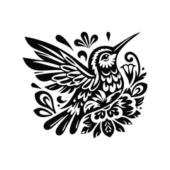 Fototapeta premium Hummingbird bird in folk art black and white silhouette illustration
